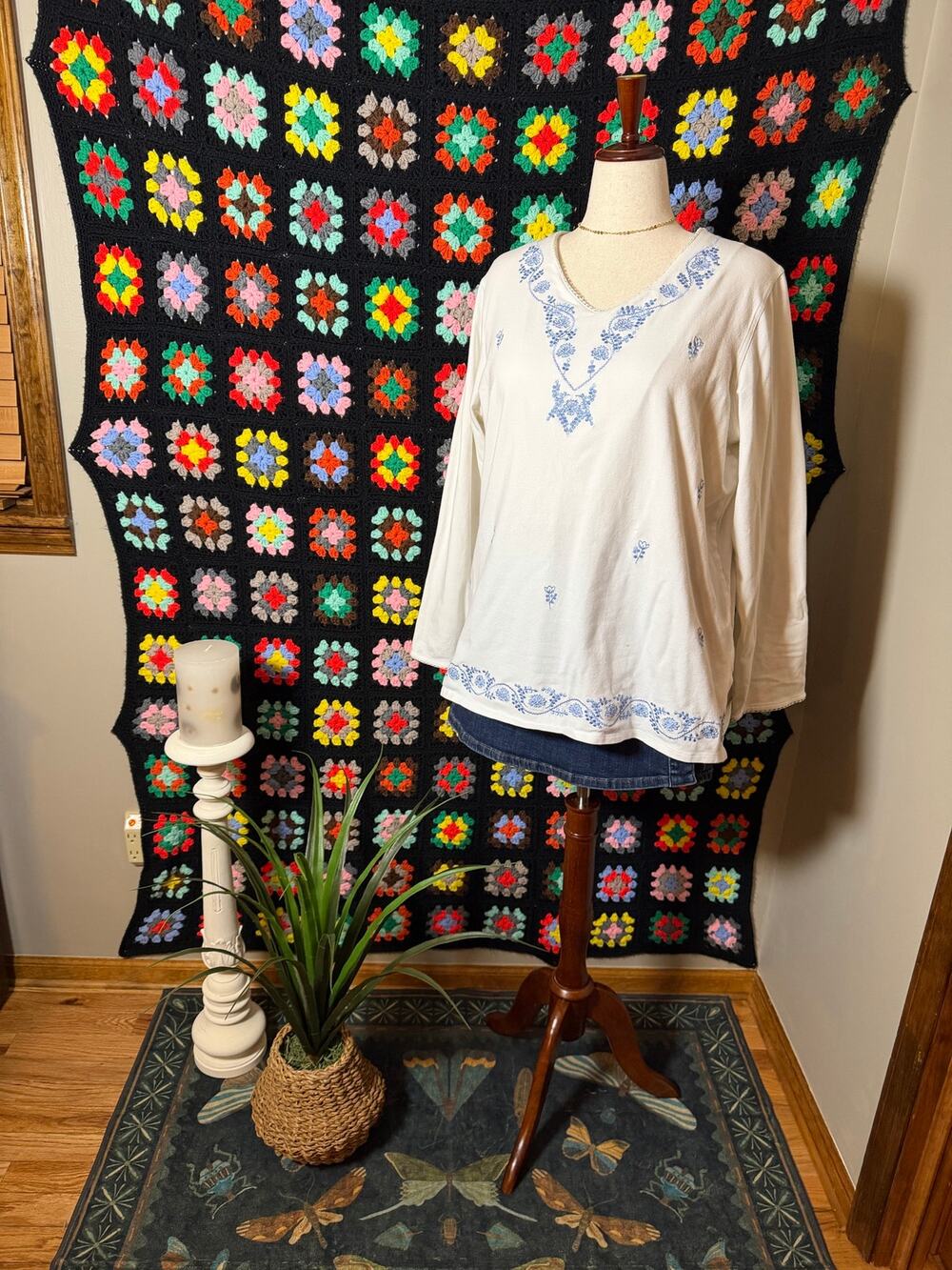 Denim & Co 1X Blue Floral Embroidered White Cotton Top Boho Cottagecore